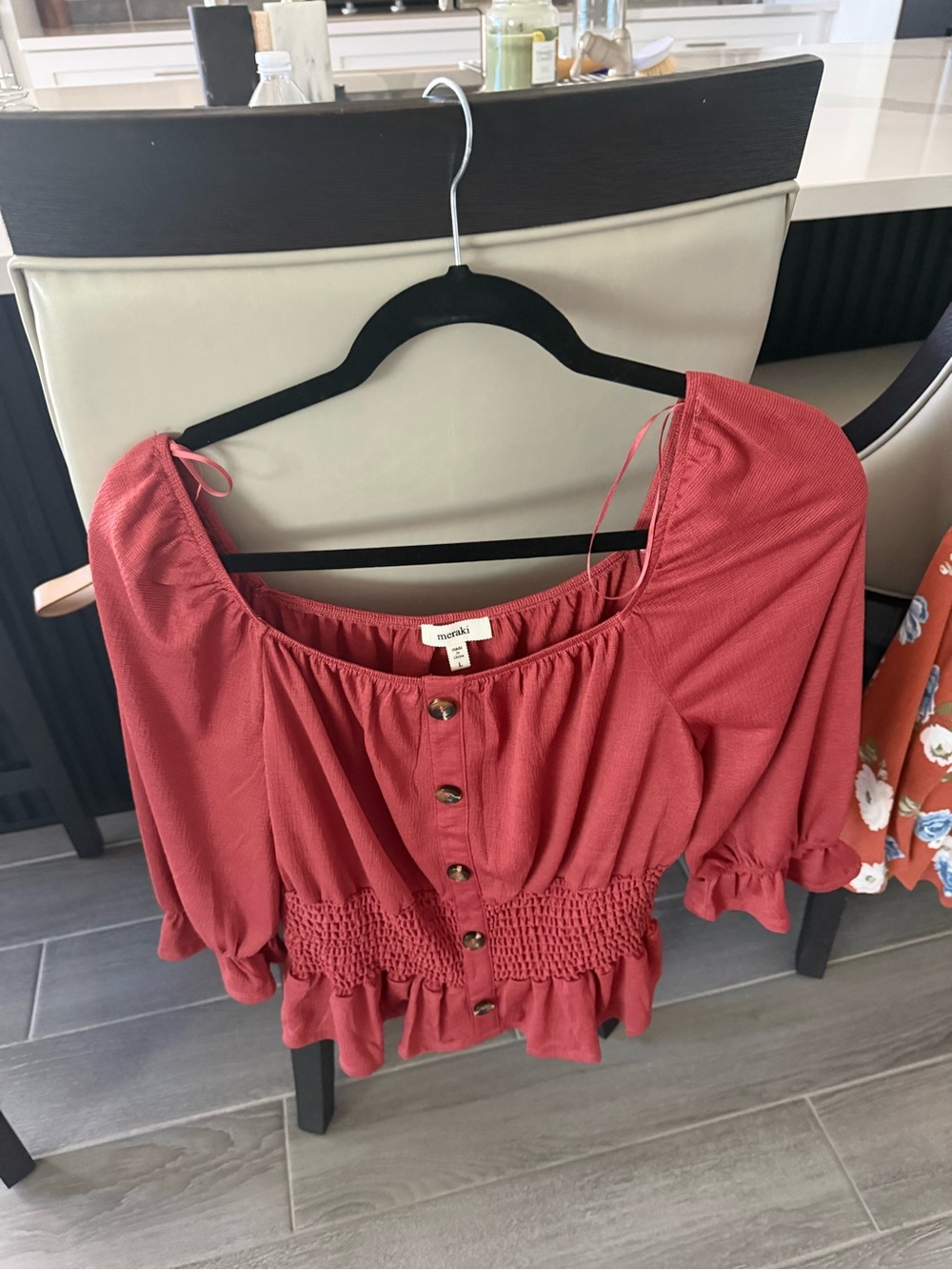 meraki Brick Red Smocked Button-Front Peasant Blouse